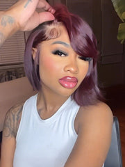 Glueless Dark 99J Color Layered Cut With Side Bang Frontal Bob Wig