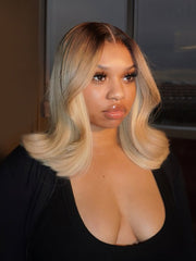 90's Flip Bob Blonde Ombre Body Wave Shoulder Length 5*7 Lace Front Wig
