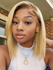 Blonde Bob Wigs with Dark Brown Roots Ombre Lace Closure Bob Wigs