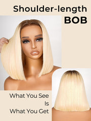 Blonde Bob Wigs with Dark Brown Roots Ombre Lace Closure Bob Wigs