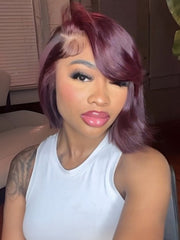 Glueless Dark 99J Color Layered Cut With Side Bang Frontal Bob Wig