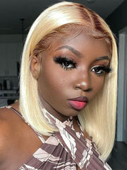 Blonde Bob Wigs with Dark Brown Roots Ombre Lace Closure Bob Wigs